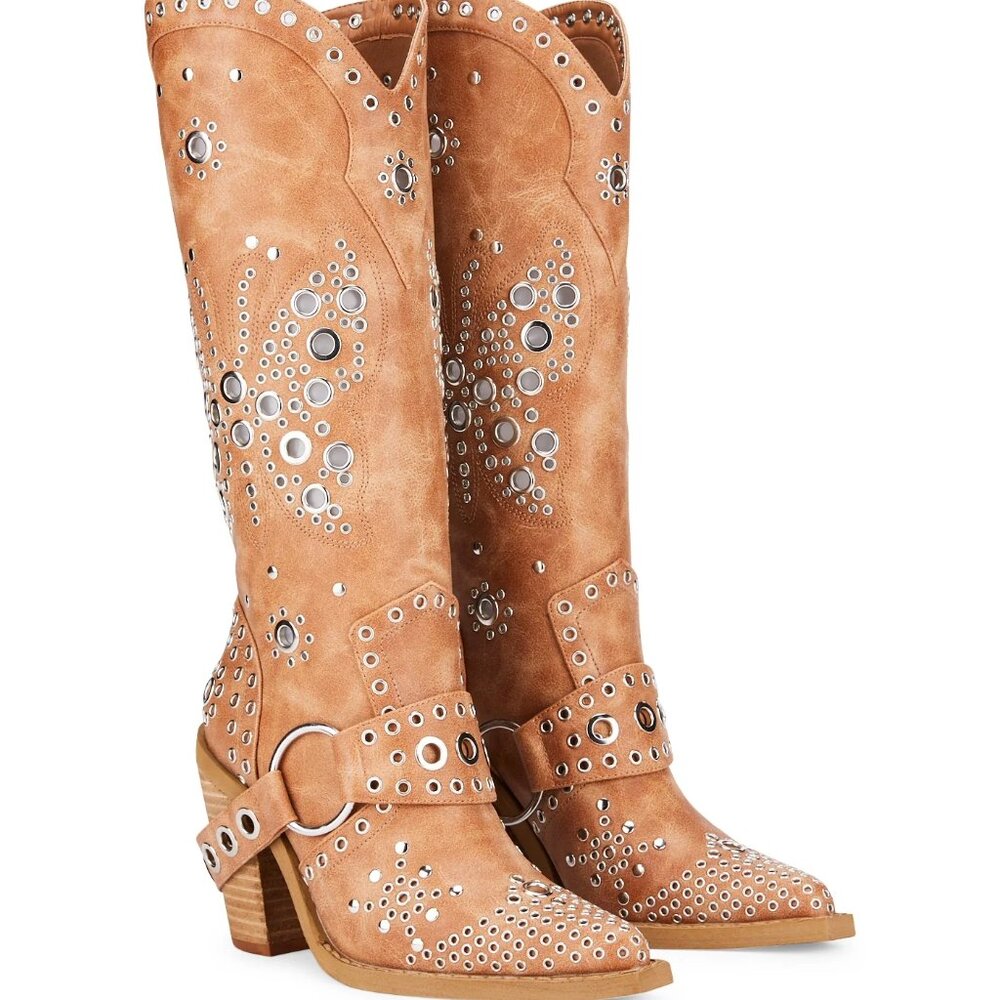 Current Mood | Vegan Leather Grommet Butterfly Detailing Western Boot | 10